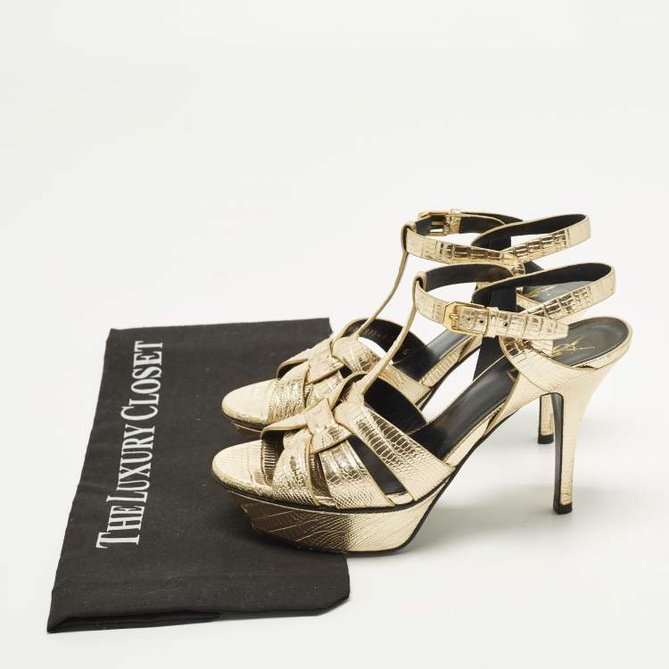 Pre Owned Saint Laurent Tribute Size 36 Gold Lizard Embossed Leather Platform Sandals