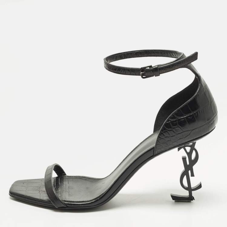 Pre Owned Saint Laurent Opyum Size 39.5 Black Croc Embossed Leather Ankle Strap Sandals