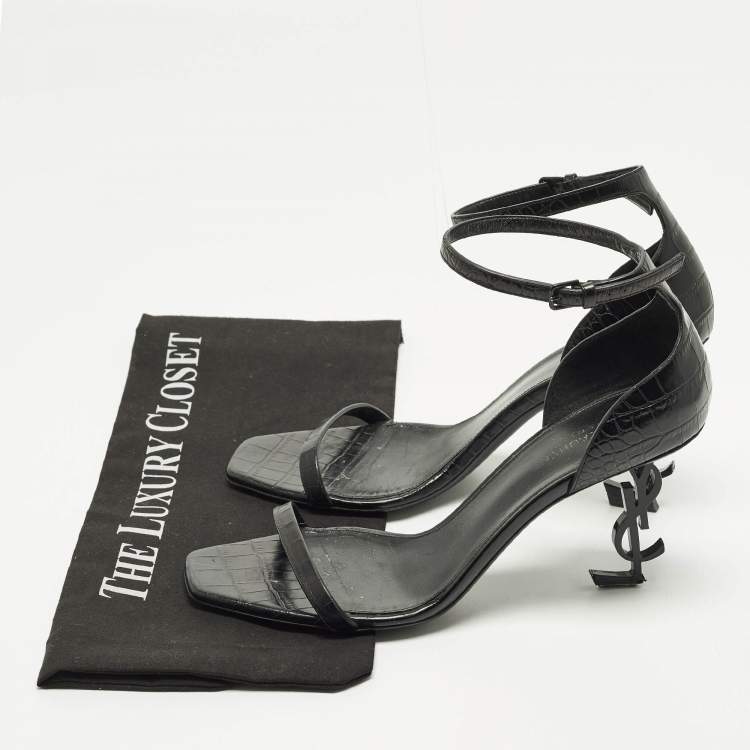 Pre Owned Saint Laurent Opyum Size 39.5 Black Croc Embossed Leather Ankle Strap Sandals