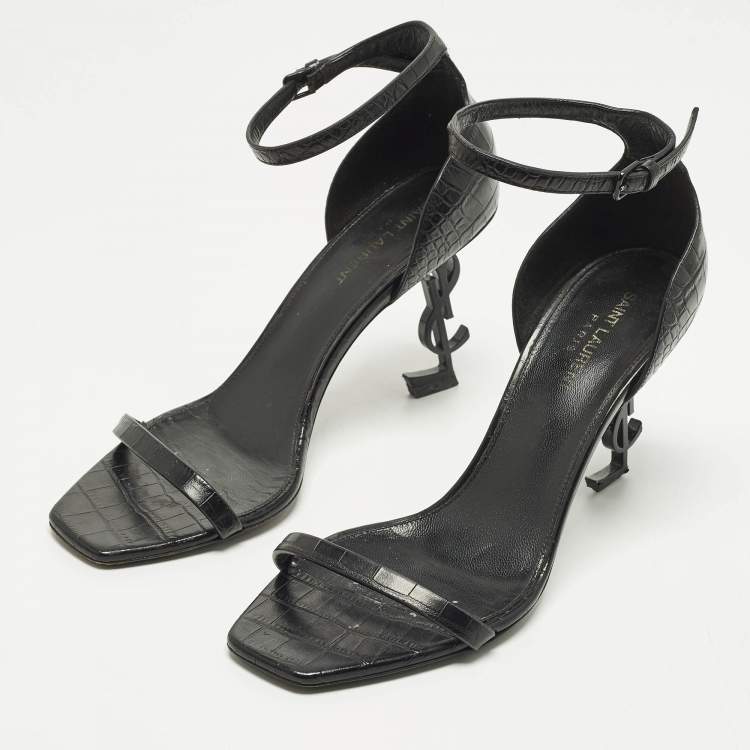 Pre Owned Saint Laurent Opyum Size 39.5 Black Croc Embossed Leather Ankle Strap Sandals
