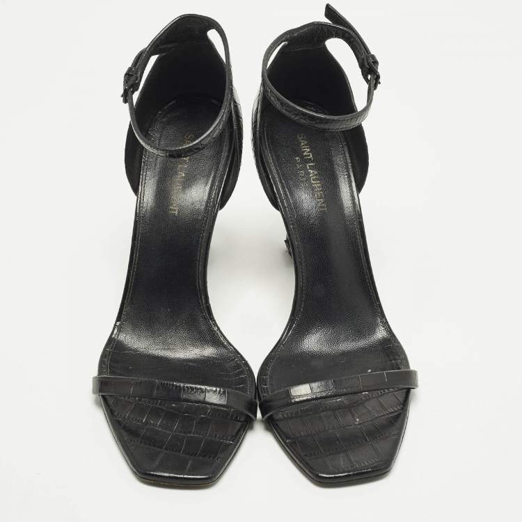 Pre Owned Saint Laurent Opyum Size 39.5 Black Croc Embossed Leather Ankle Strap Sandals