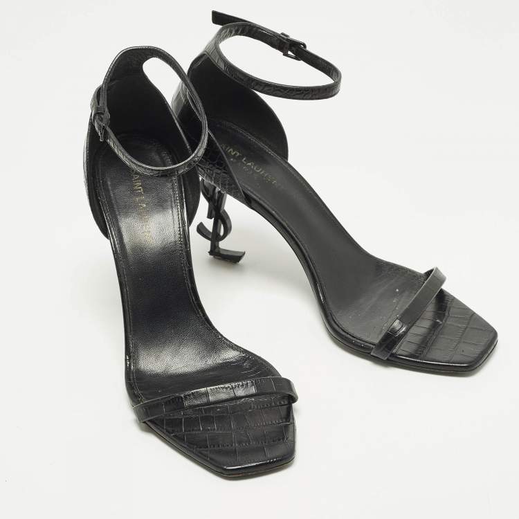 Pre Owned Saint Laurent Opyum Size 39.5 Black Croc Embossed Leather Ankle Strap Sandals
