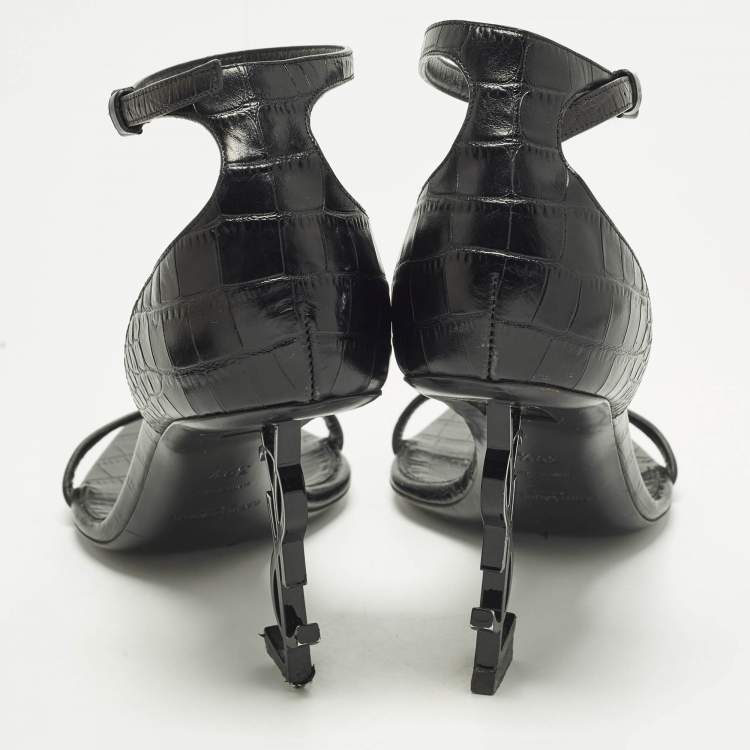 Pre Owned Saint Laurent Opyum Size 39.5 Black Croc Embossed Leather Ankle Strap Sandals