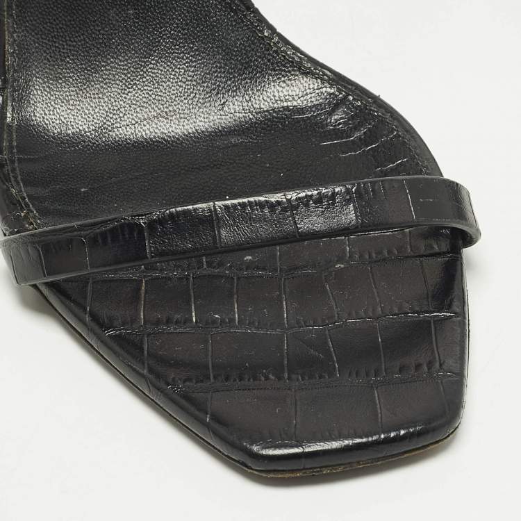 Pre Owned Saint Laurent Opyum Size 39.5 Black Croc Embossed Leather Ankle Strap Sandals