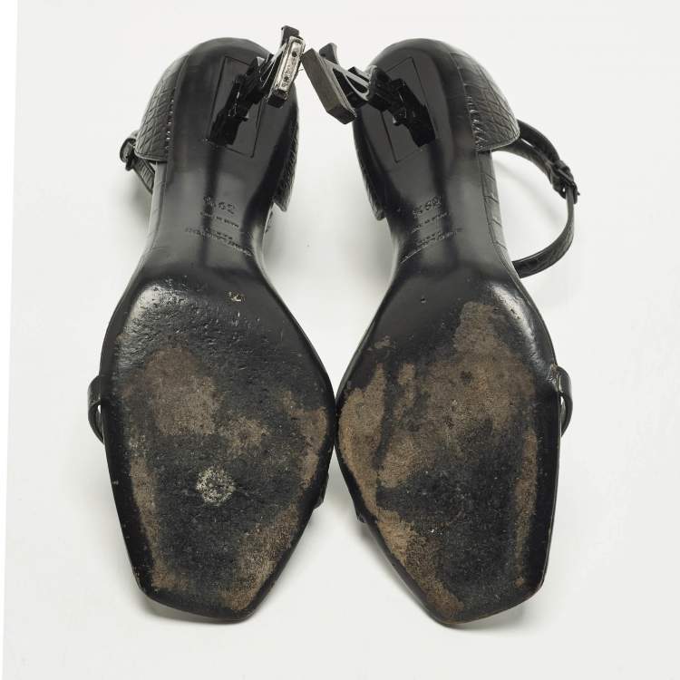 Pre Owned Saint Laurent Opyum Size 39.5 Black Croc Embossed Leather Ankle Strap Sandals