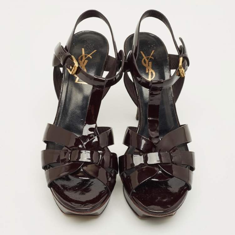 Pre Owned Saint Laurent Burgundy Patent Leather Tribute Platform Sandals Size 37.5