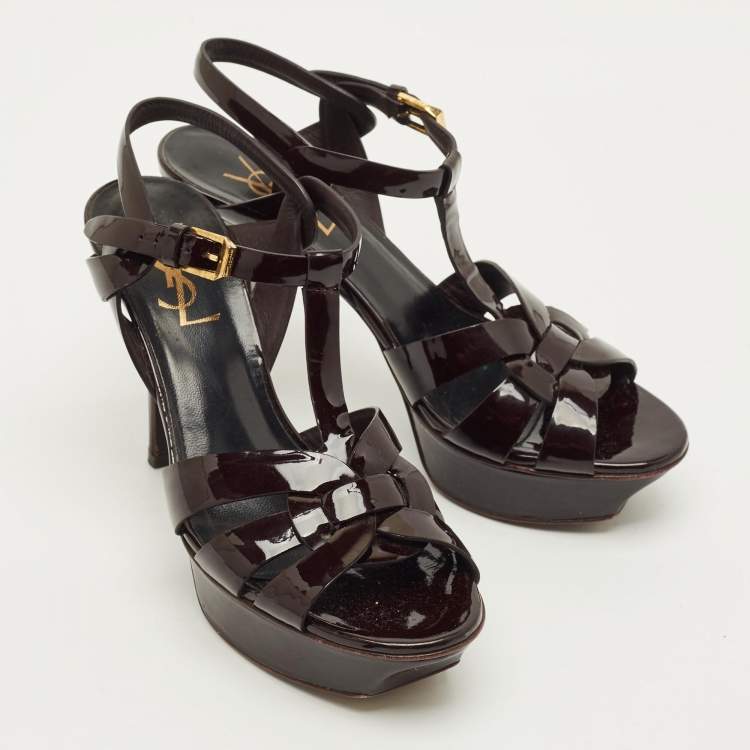 Pre Owned Saint Laurent Burgundy Patent Leather Tribute Platform Sandals Size 37.5