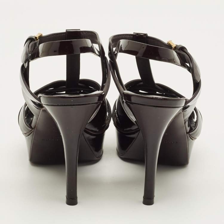 Pre Owned Saint Laurent Burgundy Patent Leather Tribute Platform Sandals Size 37.5