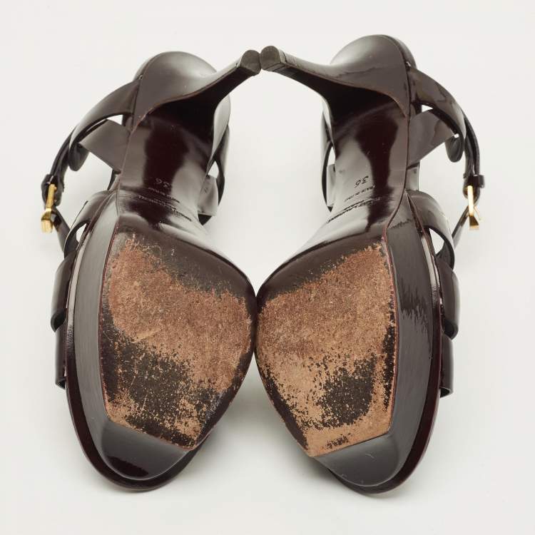 Pre Owned Saint Laurent Burgundy Patent Leather Tribute Platform Sandals Size 37.5