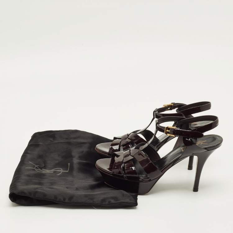 Pre Owned Saint Laurent Burgundy Patent Leather Tribute Platform Sandals Size 37.5