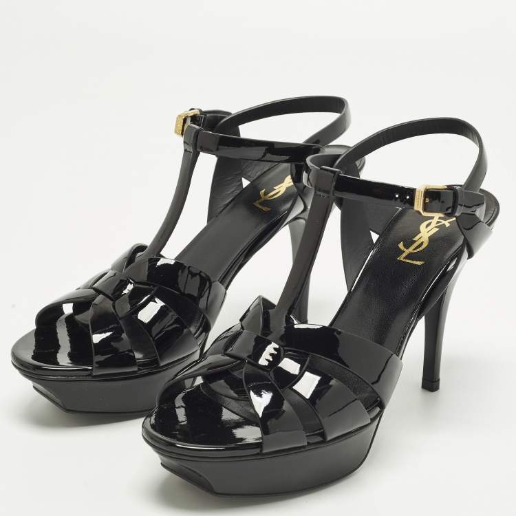 Pre Owned Saint Laurent Tribute Size 40 Black Patent Leather Platform Sandals