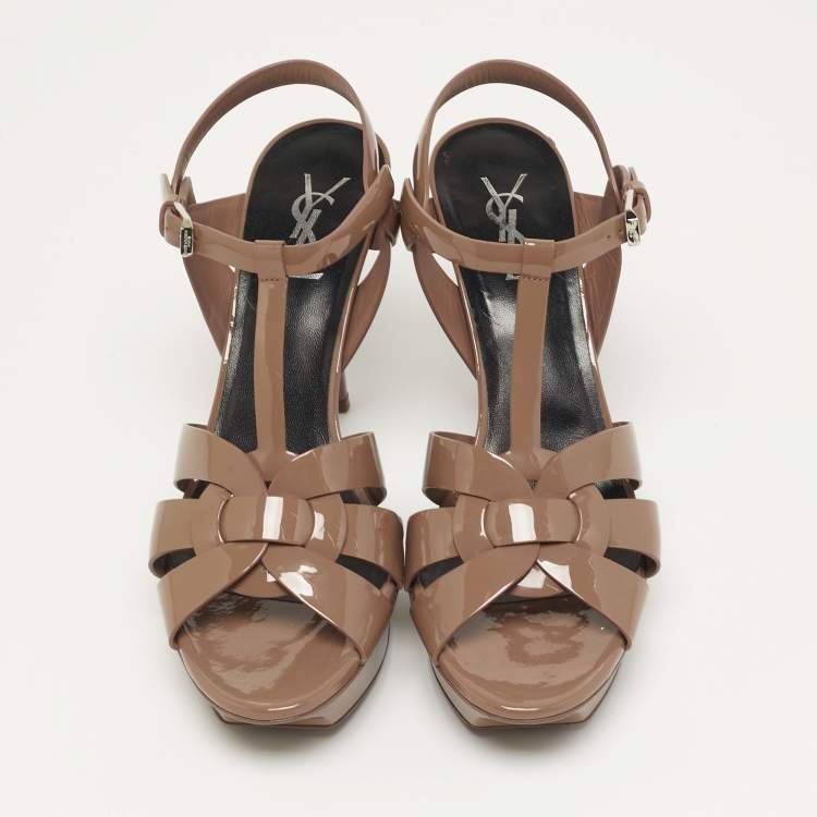Pre Owned Saint Laurent Tribute Size 39.5 Brown Patent Leather Platform Sandals