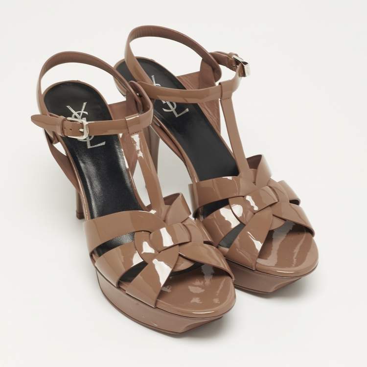 Pre Owned Saint Laurent Tribute Size 39.5 Brown Patent Leather Platform Sandals