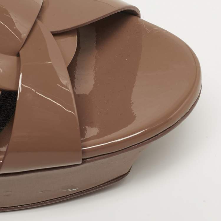 Pre Owned Saint Laurent Tribute Size 39.5 Brown Patent Leather Platform Sandals