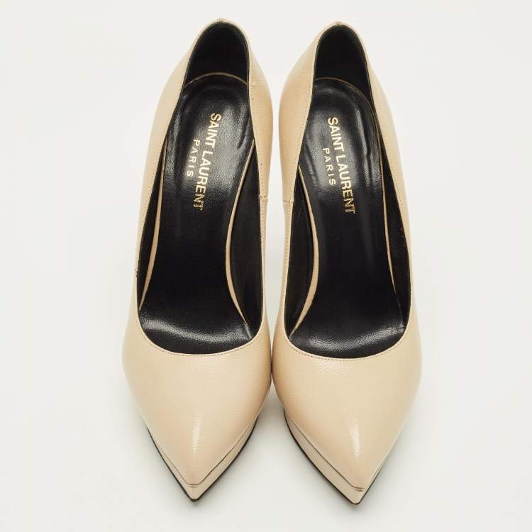 مملوكة مسبقًا Saint Laurent Janis Size 37.5 Beige Leather Platform Pumps