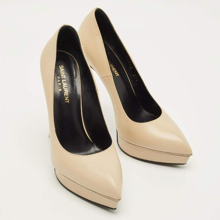مملوكة مسبقًا Saint Laurent Janis Size 37.5 Beige Leather Platform Pumps