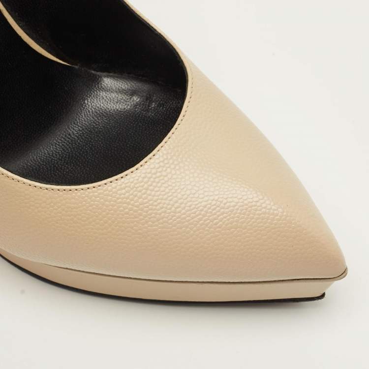 مملوكة مسبقًا Saint Laurent Janis Size 37.5 Beige Leather Platform Pumps
