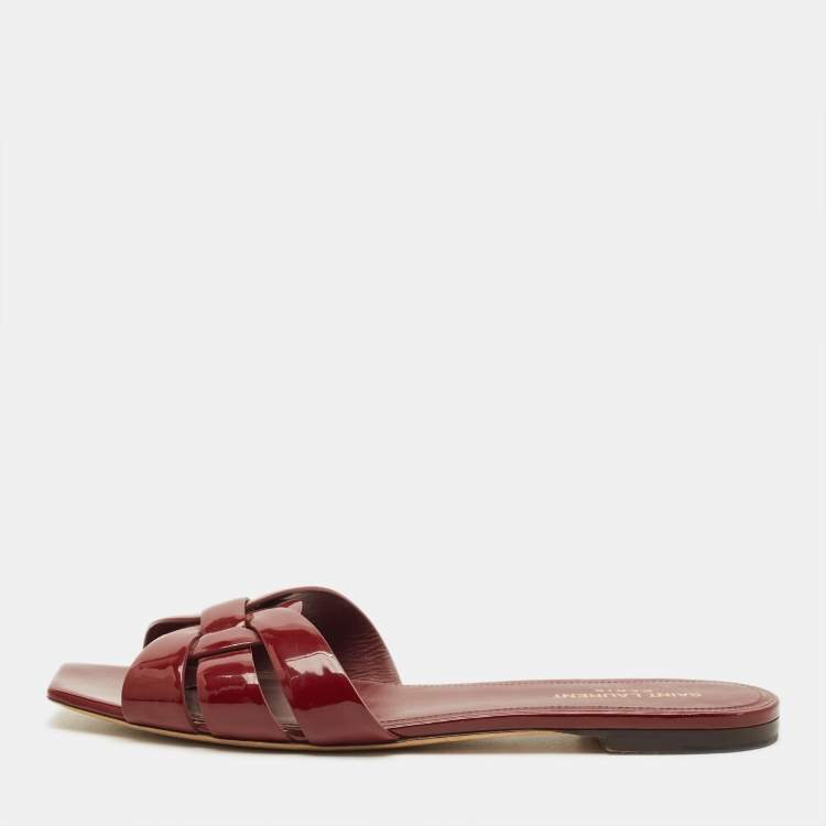 Pre Owned Saint Laurent Tribute Size 41.5 Burgundy Patent Leather Flat Slides
