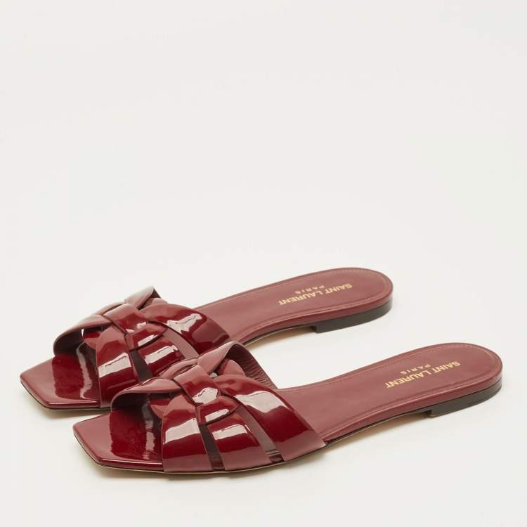 Pre Owned Saint Laurent Tribute Size 41.5 Burgundy Patent Leather Flat Slides