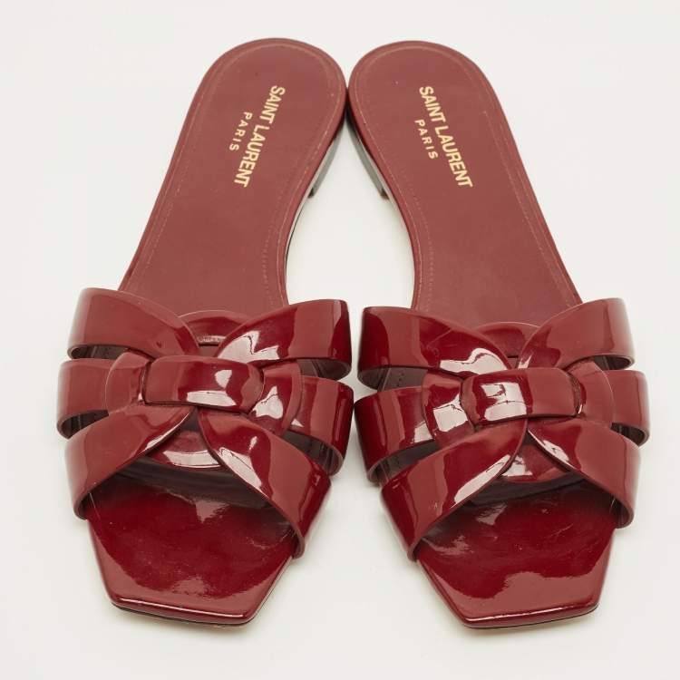 Pre Owned Saint Laurent Tribute Size 41.5 Burgundy Patent Leather Flat Slides