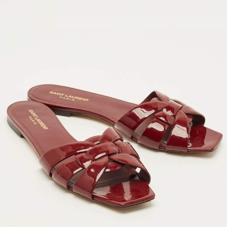 Pre Owned Saint Laurent Tribute Size 41.5 Burgundy Patent Leather Flat Slides