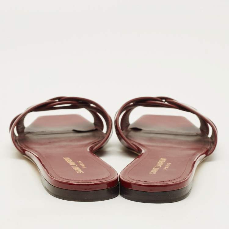 Pre Owned Saint Laurent Tribute Size 41.5 Burgundy Patent Leather Flat Slides