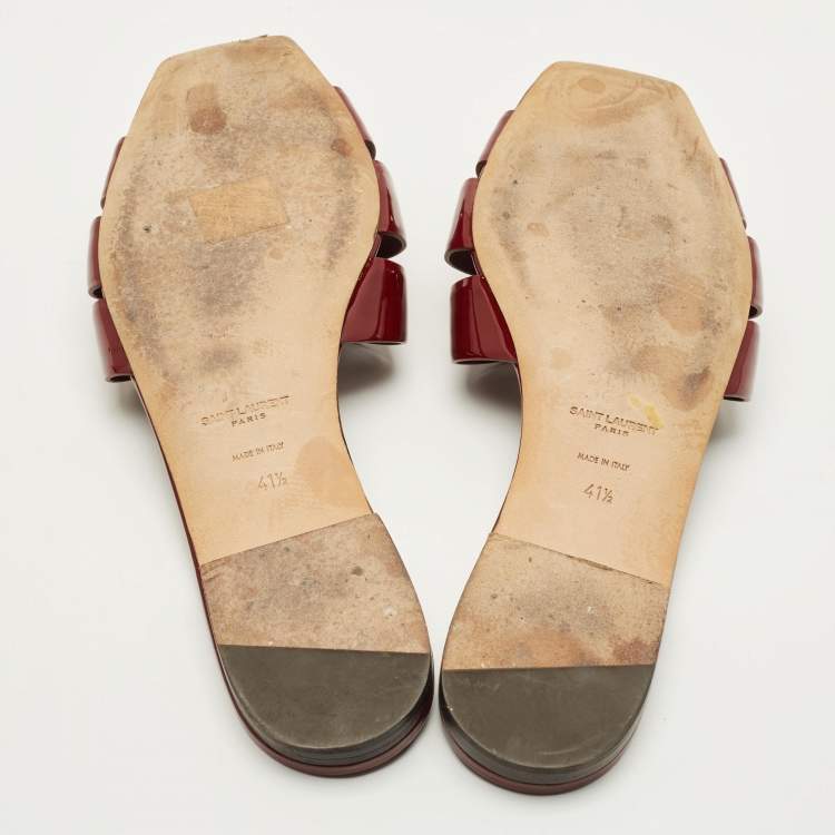 Pre Owned Saint Laurent Tribute Size 41.5 Burgundy Patent Leather Flat Slides