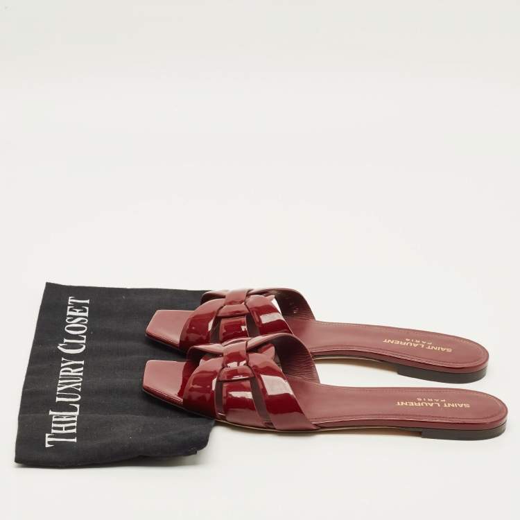Pre Owned Saint Laurent Tribute Size 41.5 Burgundy Patent Leather Flat Slides