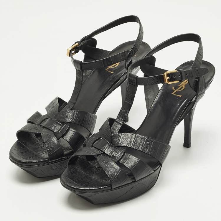Pre Owned Saint Laurent Tribute Size 41.5 Black Croc Embossed Leather Platform Sandals