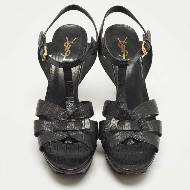 Pre Owned Saint Laurent Tribute Size 41.5 Black Croc Embossed Leather Platform Sandals
