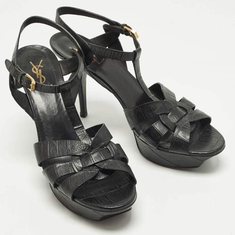 Pre Owned Saint Laurent Tribute Size 41.5 Black Croc Embossed Leather Platform Sandals