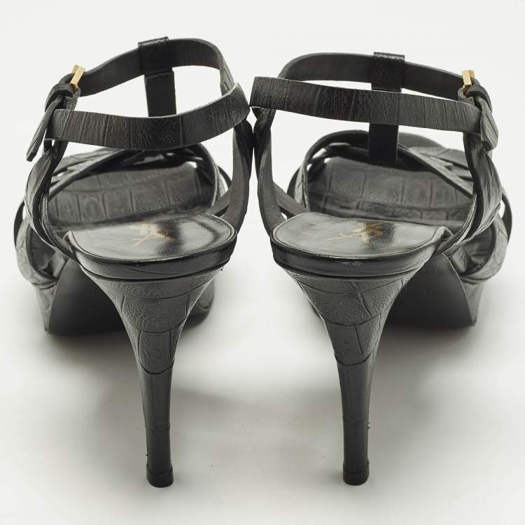 Pre Owned Saint Laurent Tribute Size 41.5 Black Croc Embossed Leather Platform Sandals