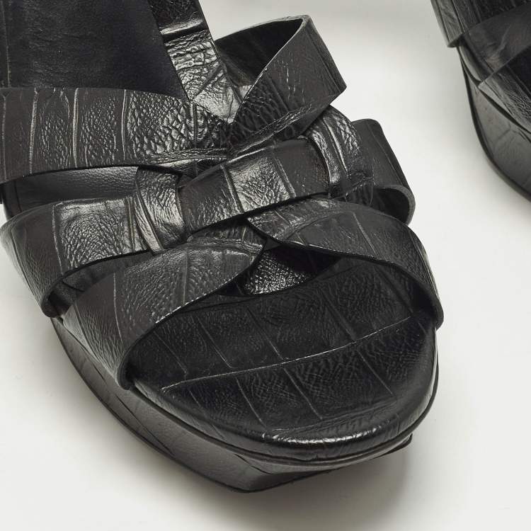 Pre Owned Saint Laurent Tribute Size 41.5 Black Croc Embossed Leather Platform Sandals
