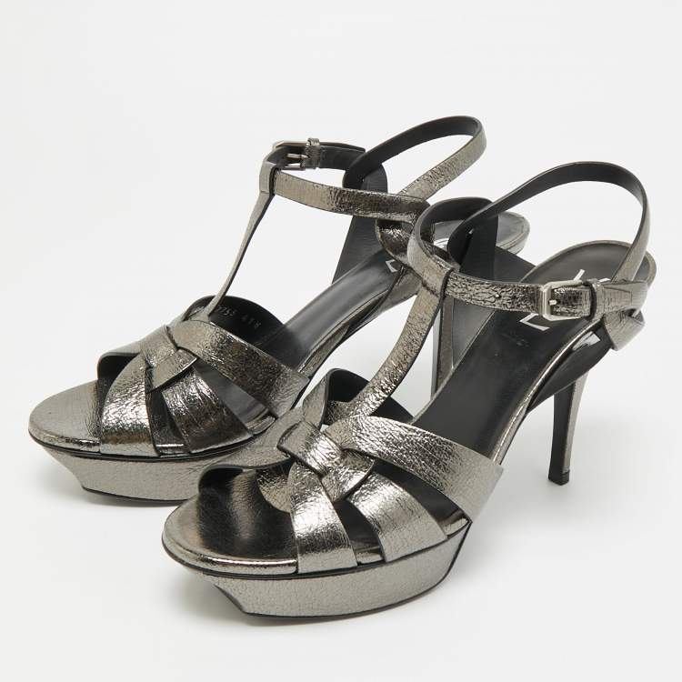 Pre Owned Saint Laurent Tribute Size 41.5 Metallic Leather Ankle Strap Sandals
