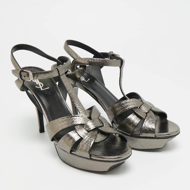 Pre Owned Saint Laurent Tribute Size 41.5 Metallic Leather Ankle Strap Sandals