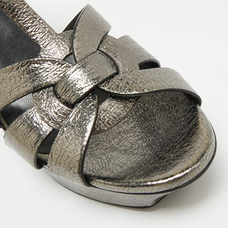 Pre Owned Saint Laurent Tribute Size 41.5 Metallic Leather Ankle Strap Sandals