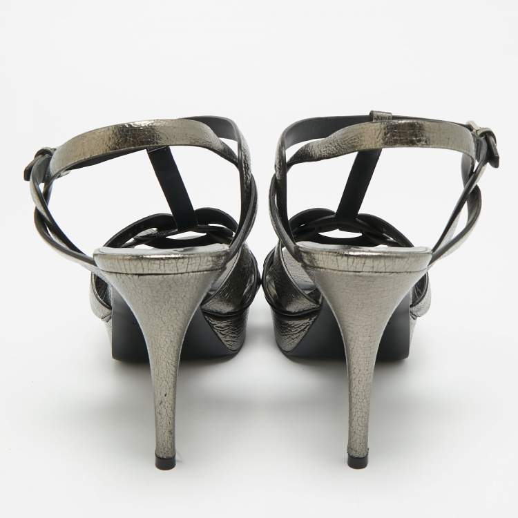 Pre Owned Saint Laurent Tribute Size 41.5 Metallic Leather Ankle Strap Sandals