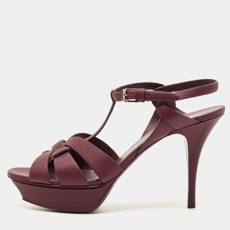 Pre Owned Saint Laurent Tribute Size 41.5 Burgundy Leather Ankle Strap Sandals