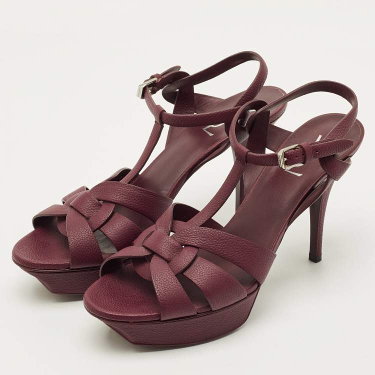 Pre Owned Saint Laurent Tribute Size 41.5 Burgundy Leather Ankle Strap Sandals