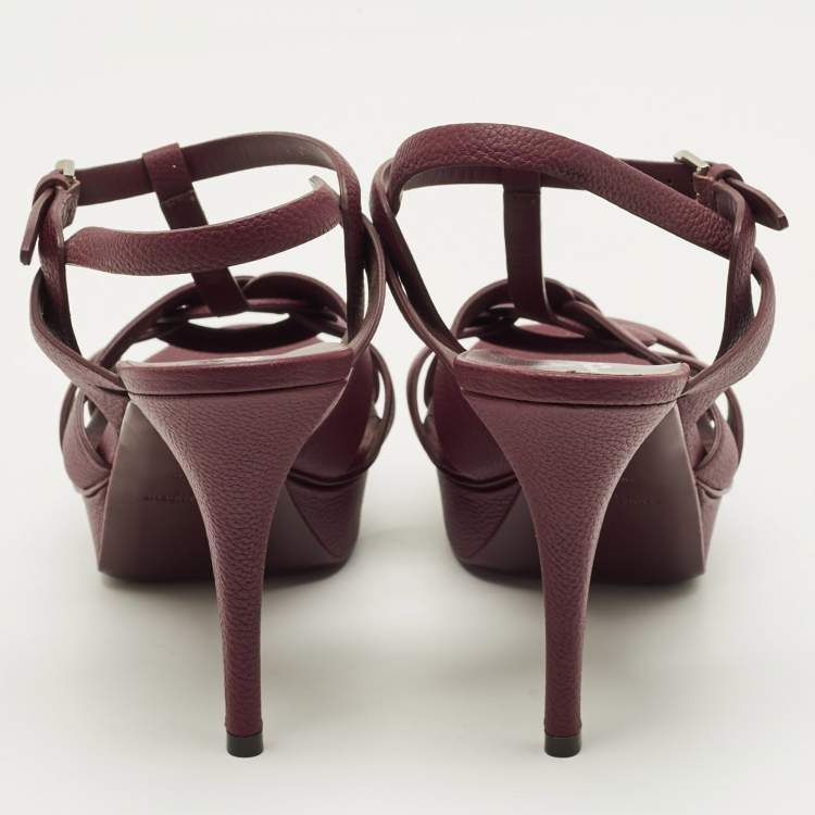 Pre Owned Saint Laurent Tribute Size 41.5 Burgundy Leather Ankle Strap Sandals