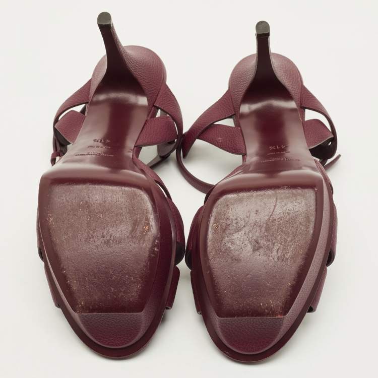 Pre Owned Saint Laurent Tribute Size 41.5 Burgundy Leather Ankle Strap Sandals