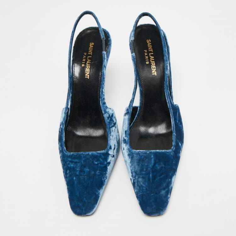 Pre Owned Saint Laurent Size 38 Navy Blue Velvet Slingback Pumps