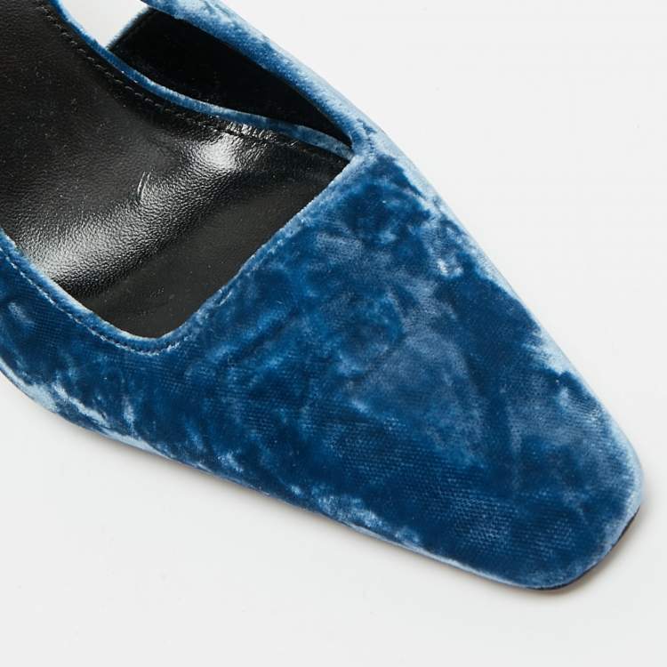 Pre Owned Saint Laurent Size 38 Navy Blue Velvet Slingback Pumps