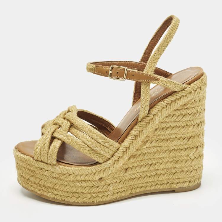 Pre Owned Saint Laurent Size 36.5 Beige Braided Jute Platform Wedge Ankle Strap Sandals 