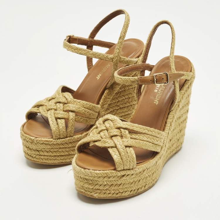 Pre Owned Saint Laurent Size 36.5 Beige Braided Jute Platform Wedge Ankle Strap Sandals 