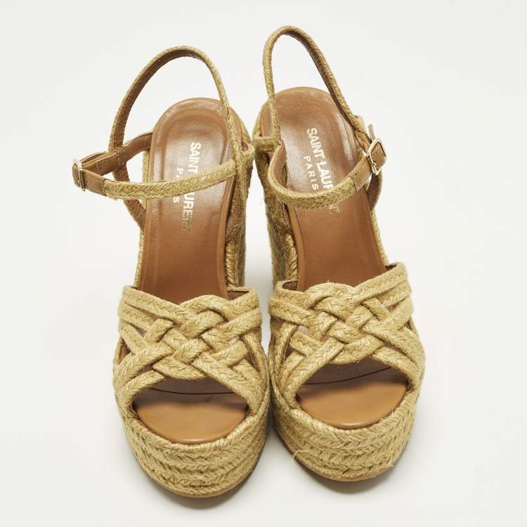 Pre Owned Saint Laurent Size 36.5 Beige Braided Jute Platform Wedge Ankle Strap Sandals 