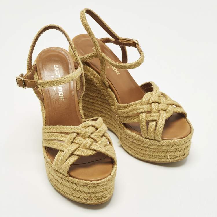 Pre Owned Saint Laurent Size 36.5 Beige Braided Jute Platform Wedge Ankle Strap Sandals 