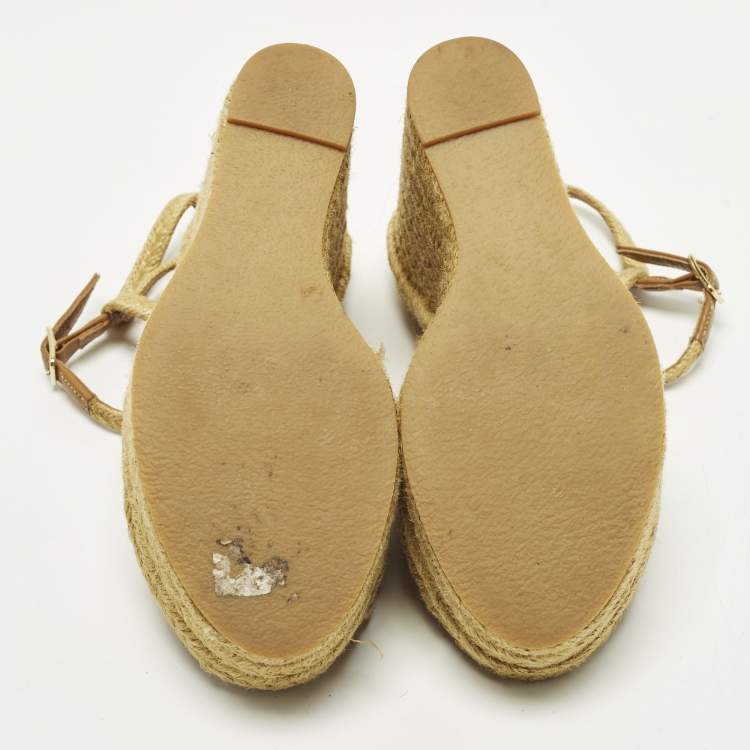 Pre Owned Saint Laurent Size 36.5 Beige Braided Jute Platform Wedge Ankle Strap Sandals 