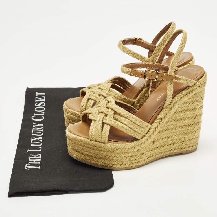 Pre Owned Saint Laurent Size 36.5 Beige Braided Jute Platform Wedge Ankle Strap Sandals 