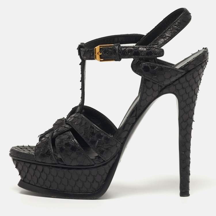 Pre Owned Saint Laurent Size 35 Black Python Embossed Leather Platform Sandals